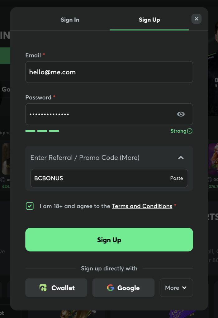BC.Game-Anmeldeformular mit dem im Empfehlungs-/Promo-Code-Feld eingegebenen Promo-Code BCBONUS