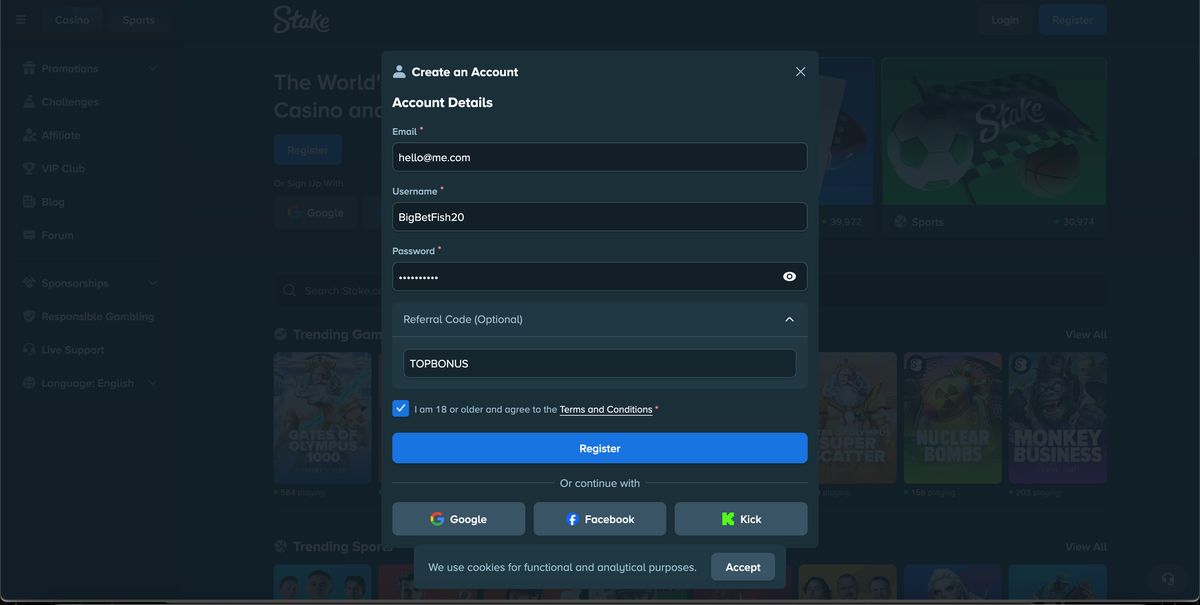 Formularz rejestracyjny Stake.com z wpisanym kodem bonusowym TOPBONUS w polu kodu polecającego